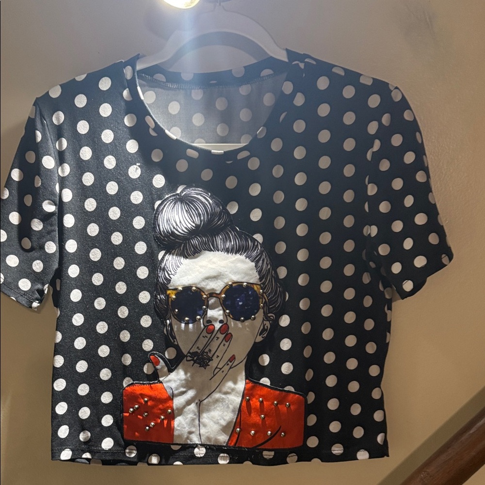 Love J Black and White Polka Dot Tee with Red Accent